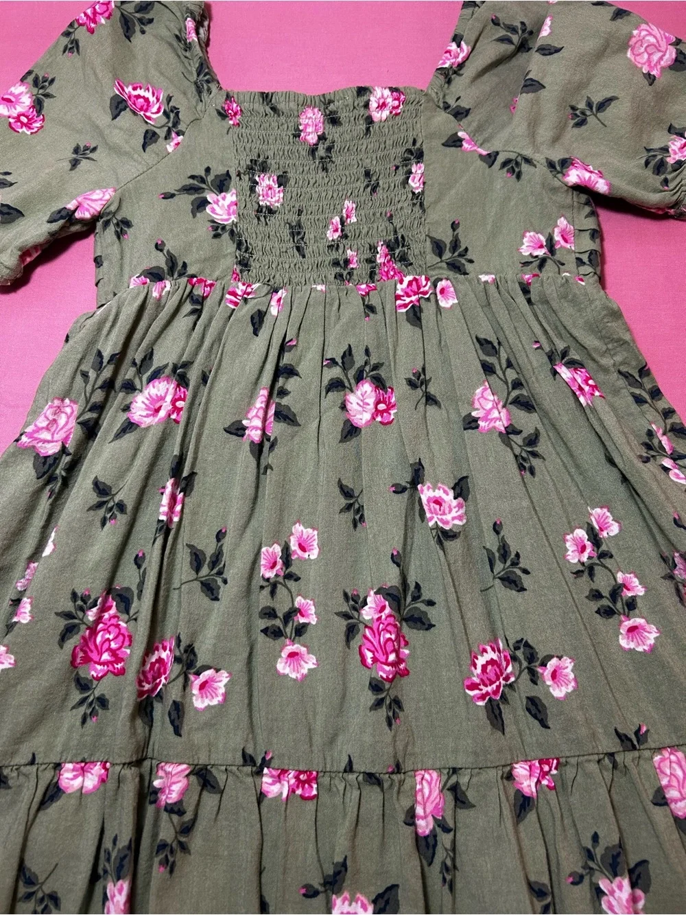 Girls Olive Green Floral Smocked Dress with Pink Roses Size 5